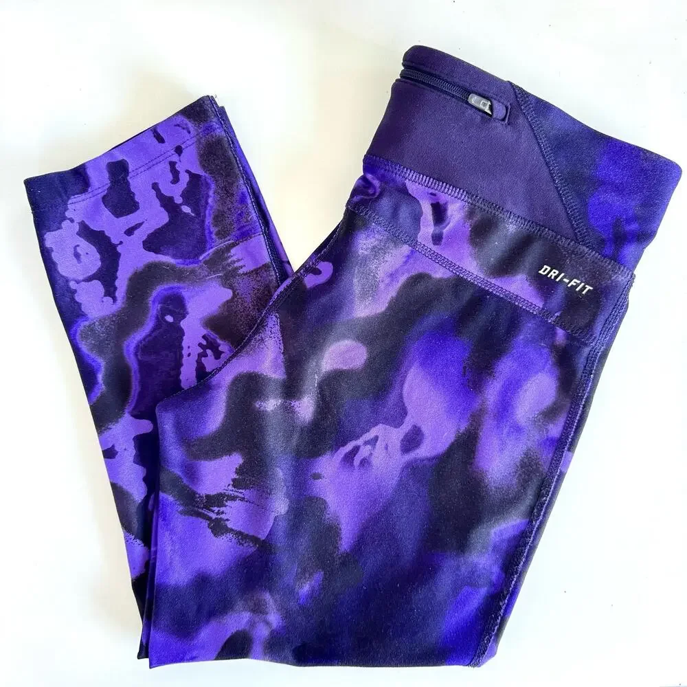 NIKE Running Purple Black Dri Fit Power Crop Tights $78 Leggings Capri Pocket S